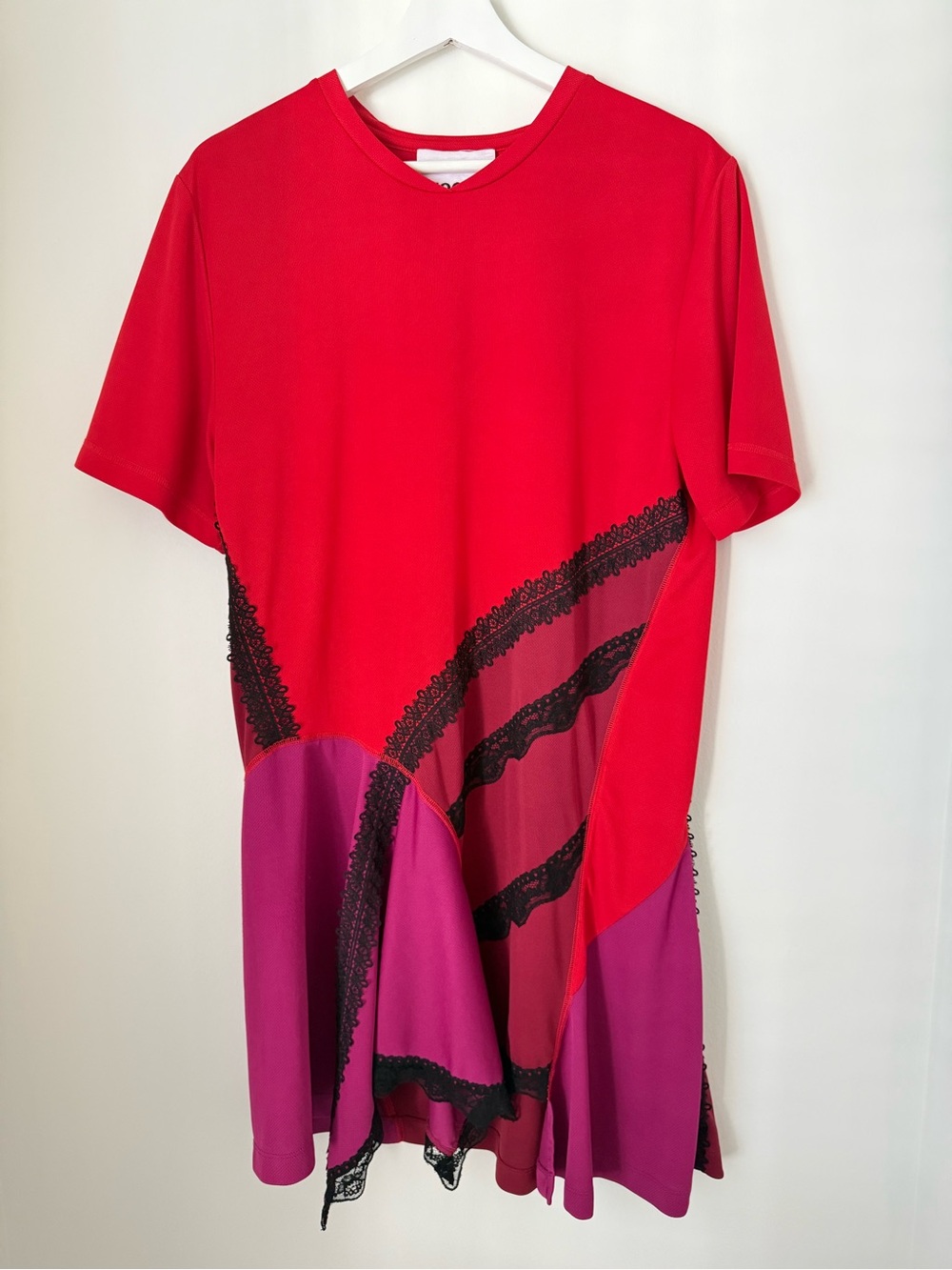 Koche Red Burgundy Violine Lace Detail Asymmetrical T Shirt Dress 40